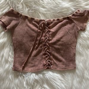 Rustic pink off the shoulder tie up crop top